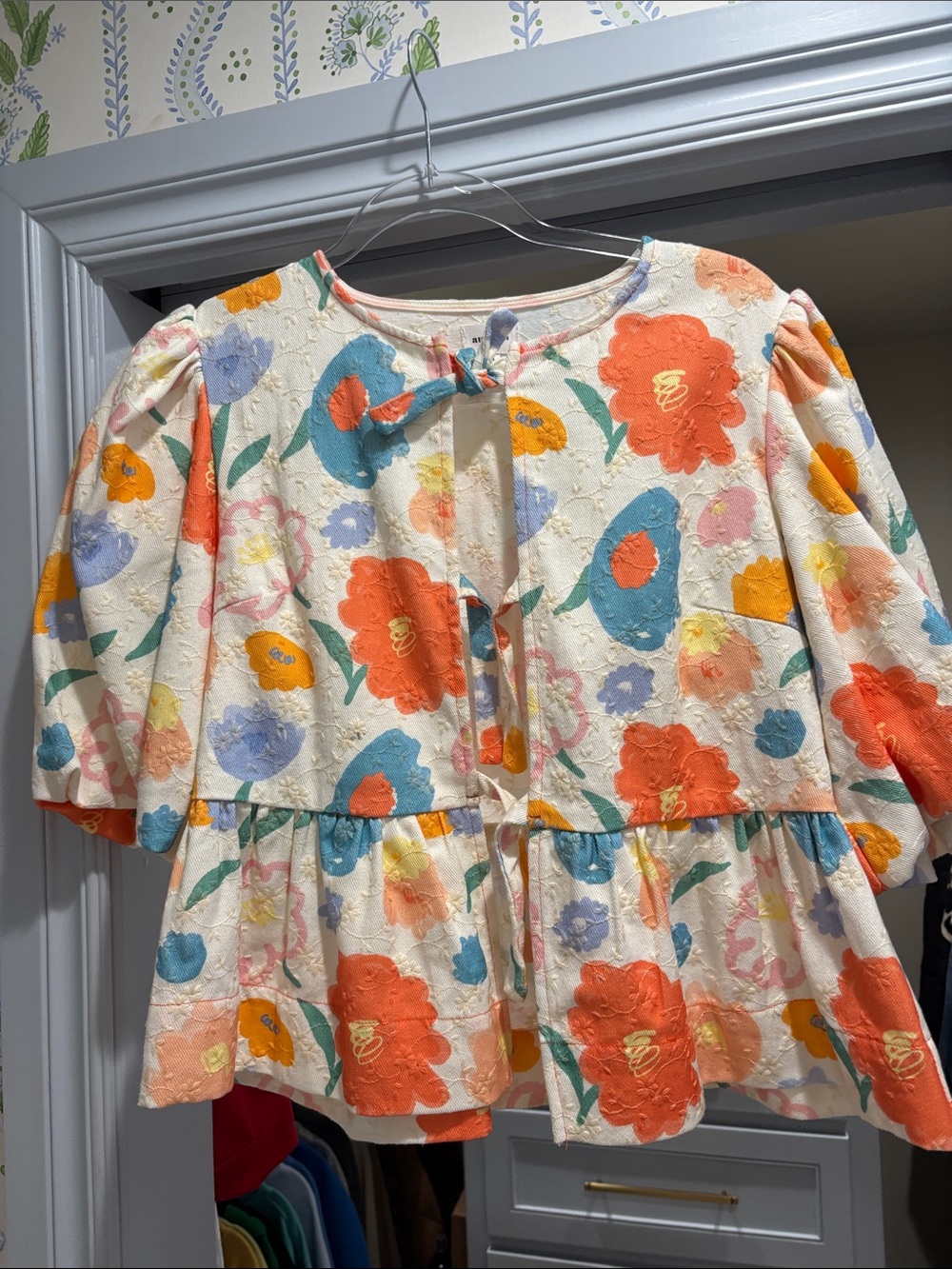 AUREUM Cream Floral Puff-Sleeve Peplum Set with Orange & Blue Blooms